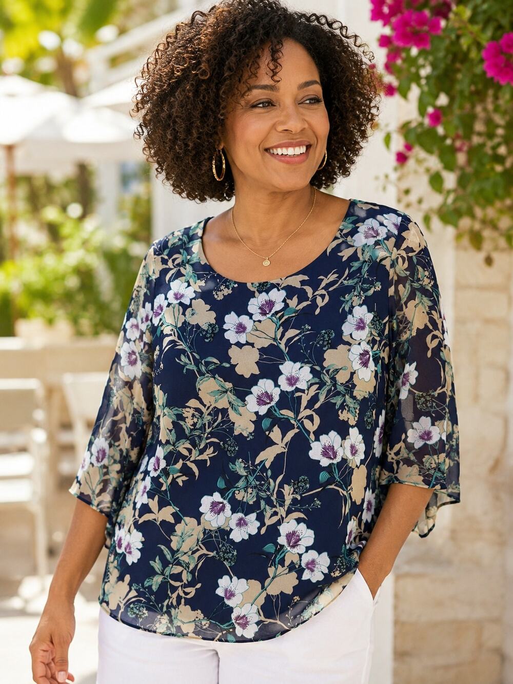 Feiersi Women’s Medium Navy Floral Chiffon Blouse Sheer 3/4 Sleeve NWT